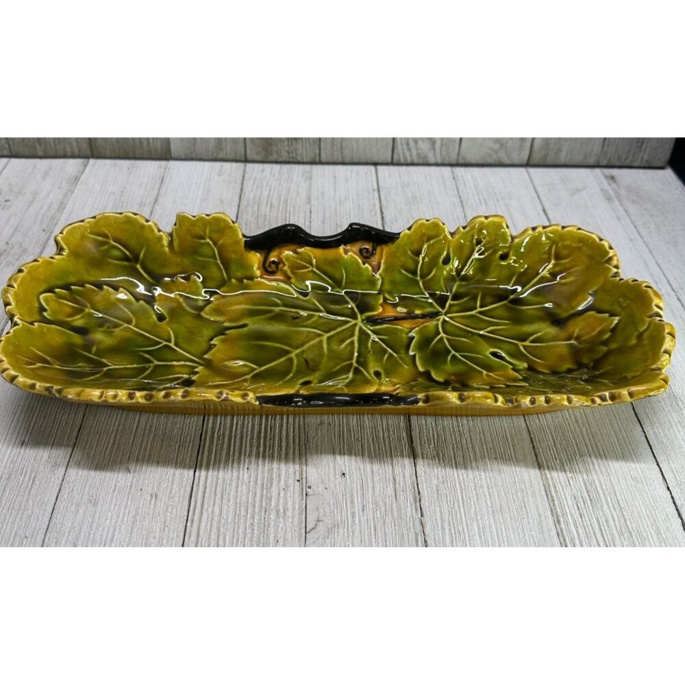Vtg Czechoslovakian Rectangular Relief Relish Dish Leaf Design #642 11.5" Long